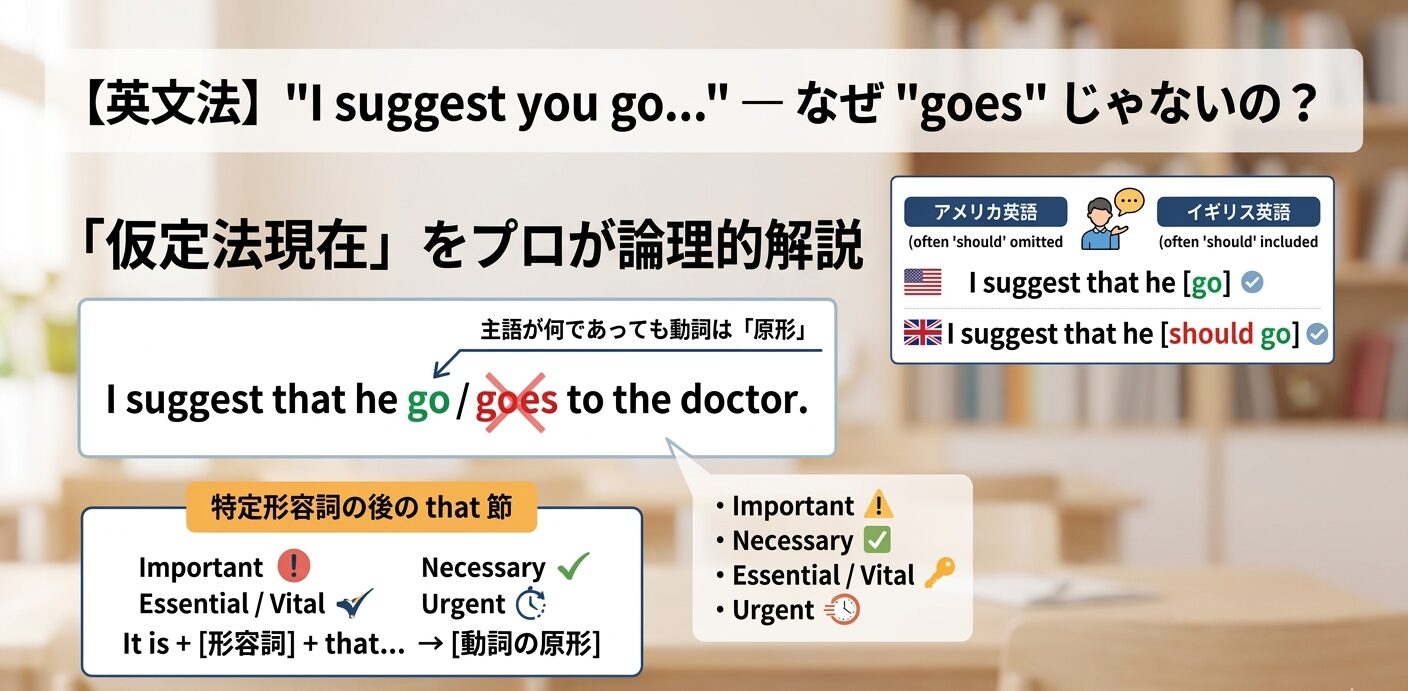 【英文法】”I suggest you go…” — なぜ “goes” じゃないの？「仮定法現在」を完全マスター！
