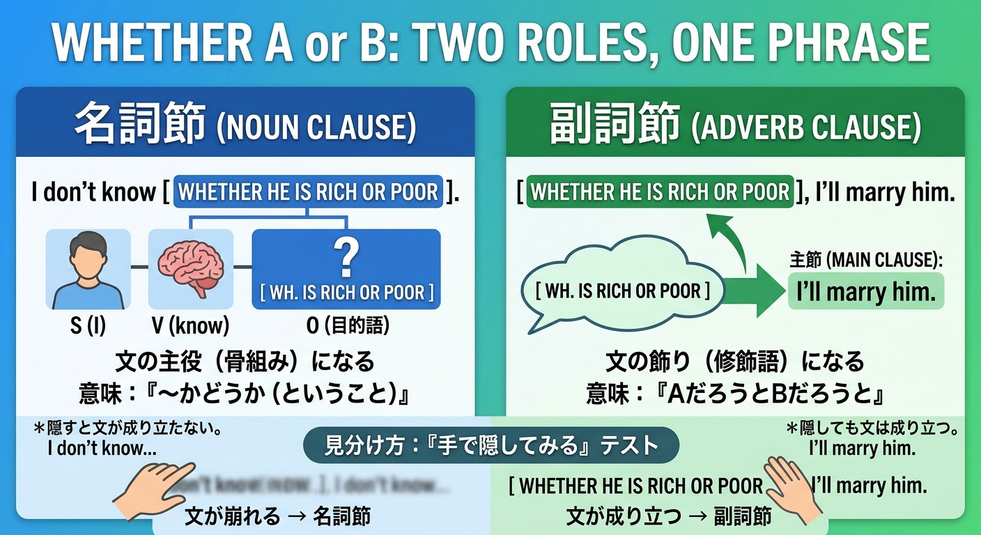 【英語構文】whether の名詞節・副詞節を見抜く！「句と節」の超本質的アプローチ